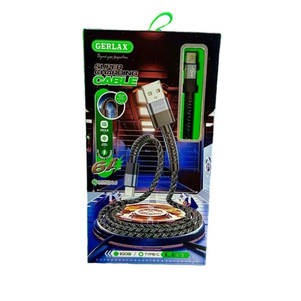Кабель USB Gerlax L6T TYPE-C 6A Резиновый 1м в упаковке Black