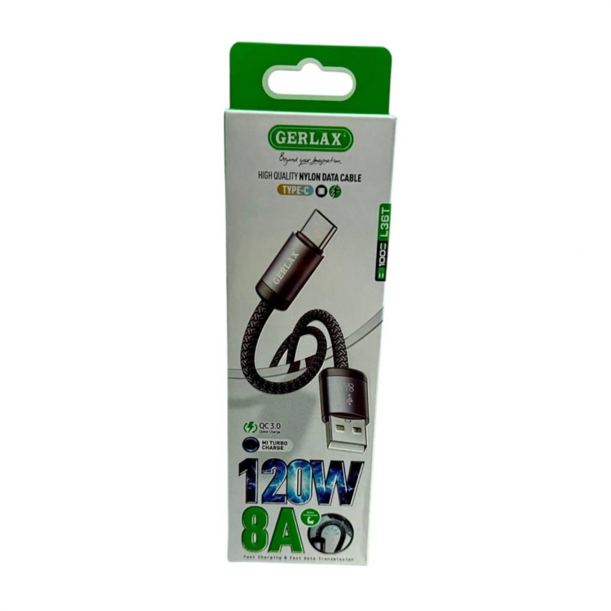 Кабель USB Gerlax L36T TYPE-C 8A тканьевый 1м в упаковке Black