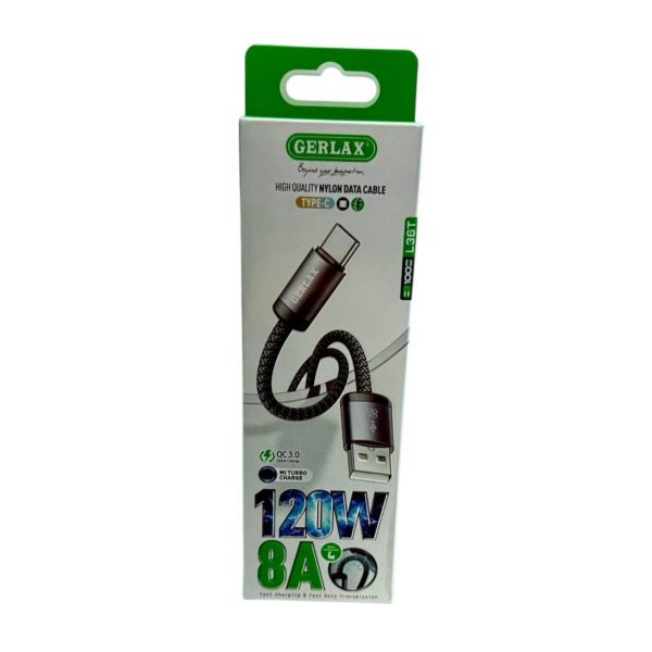 Кабель USB Gerlax L36T TYPE-C 8A тканьевый 1м в упаковке Black